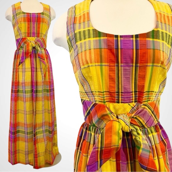 Vintage Dresses & Skirts - Vintage SWIRL Concept 70s Yellow Orange Madras Plaid Maxi Gown Long Column Dress